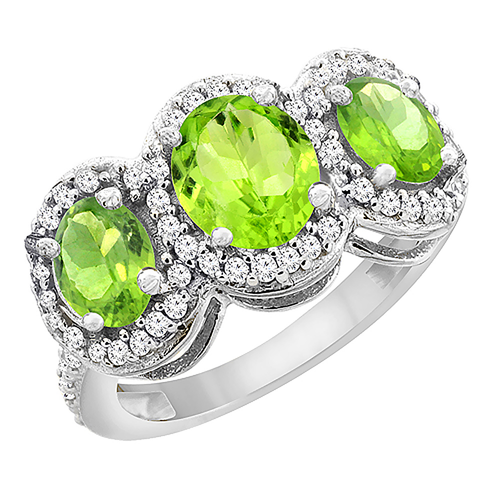 10K White Gold Natural Peridot 3-Stone Ring Oval Diamond Accent, sizes 5 - 10