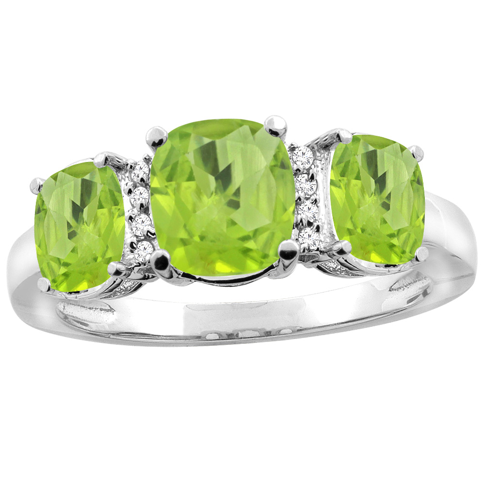 10K White Gold Natural Peridot 3-stone Ring Cushion 8x6mm Diamond Accent, sizes 5 - 10