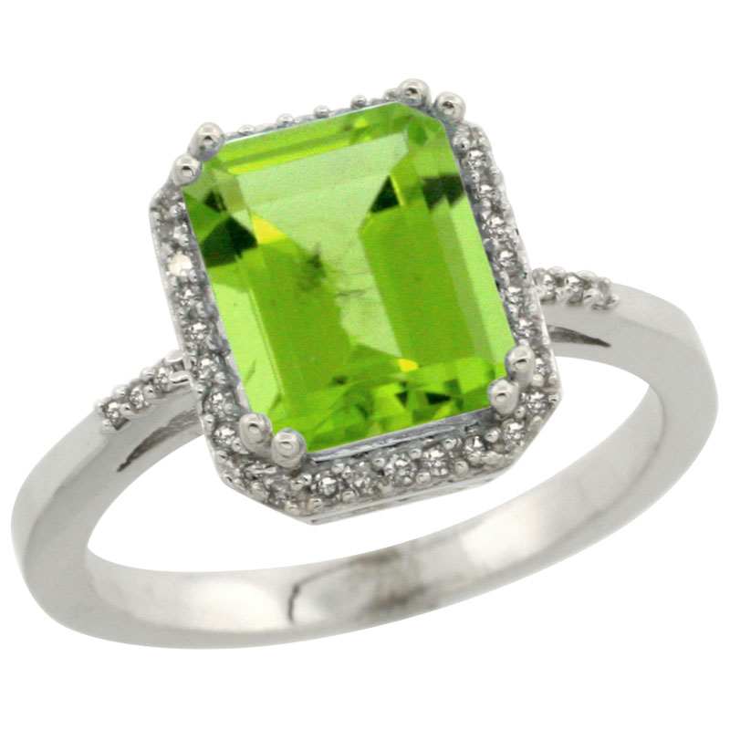 14K White Gold Diamond Natural Peridot Ring Emerald-cut 9x7mm, sizes 5-10