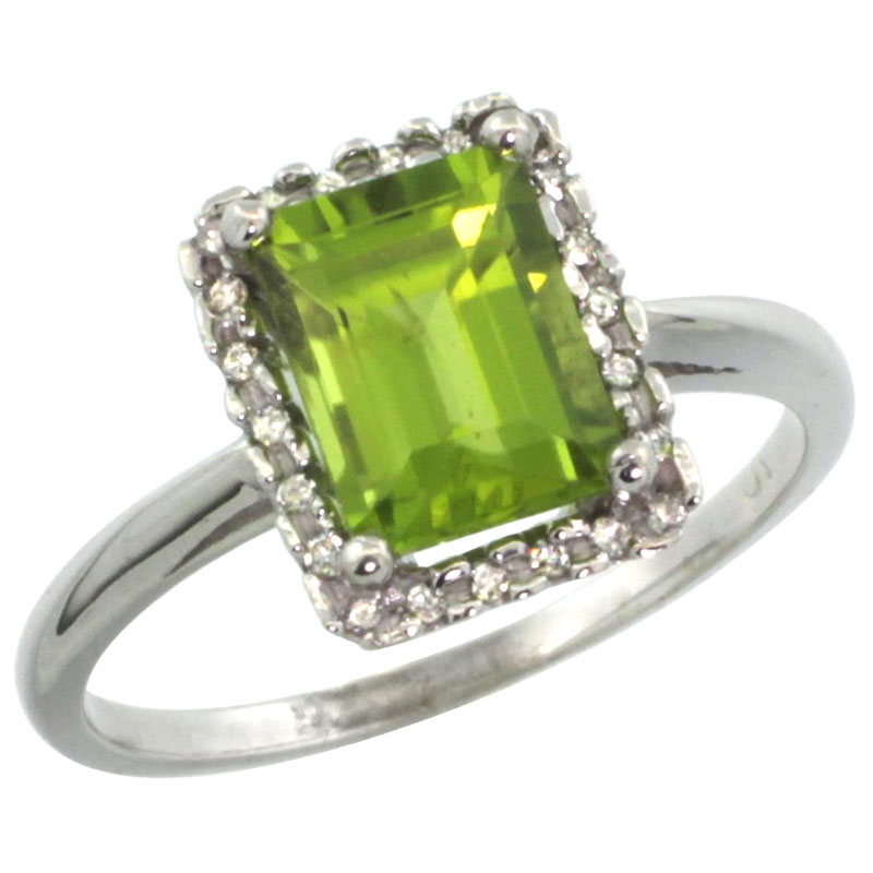 14K White Gold Diamond Natural Peridot Ring Emerald-cut 8x6mm, sizes 5-10