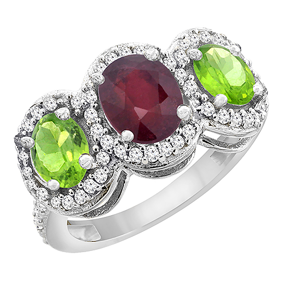 10K White Gold Enhanced Ruby &amp; Peridot 3-Stone Ring Oval Diamond Accent, sizes 5 - 10