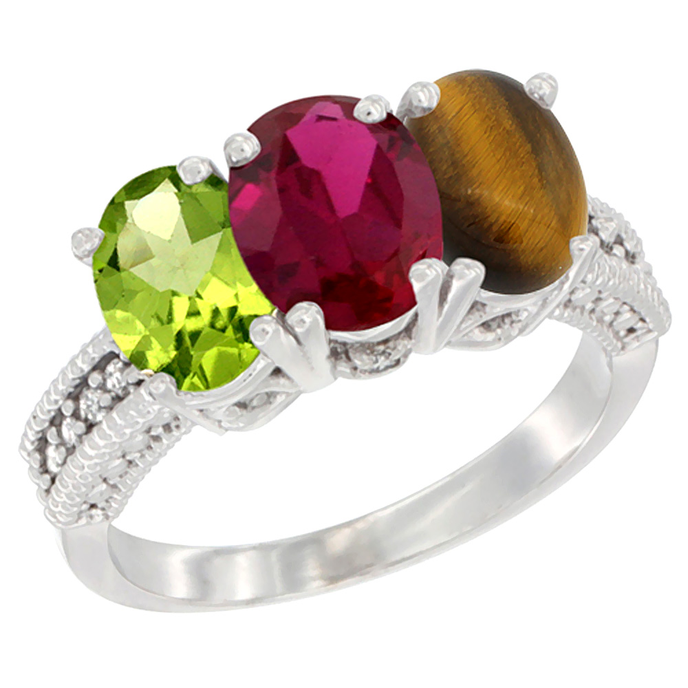 10K White Gold Natural Peridot, Enhanced Ruby &amp; Natural Tiger Eye Ring 3-Stone Oval 7x5 mm Diamond Accent, sizes 5 - 10