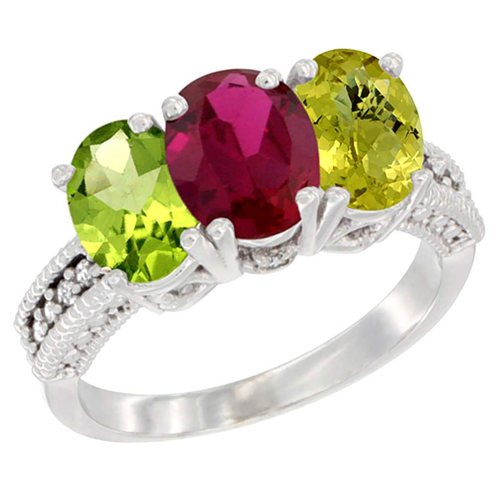 10K White Gold Natural Peridot, Enhanced Ruby & Natural Lemon Quartz Ring 3-Stone Oval 7x5 mm Diamond Accent, sizes 5 - 10