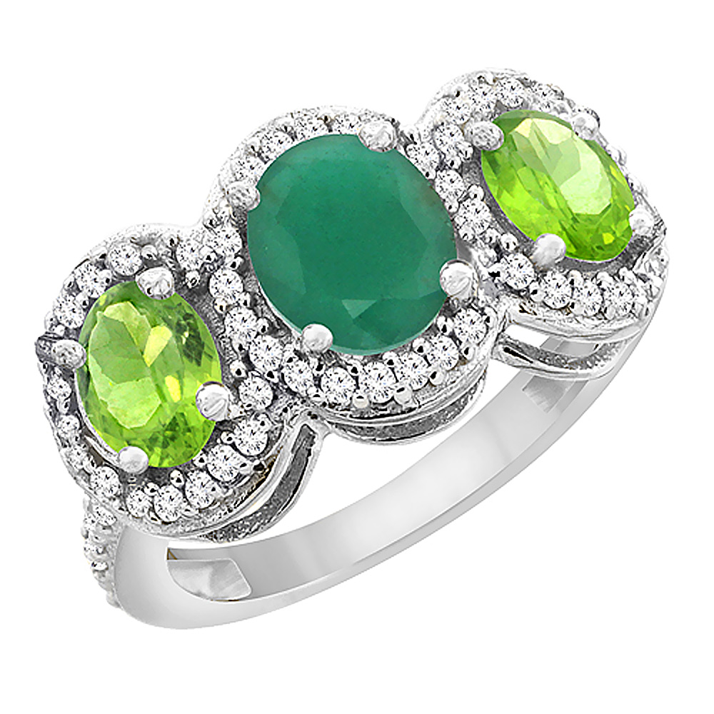 10K White Gold Natural Cabochon Emerald &amp; Peridot 3-Stone Ring Oval Diamond Accent, sizes 5 - 10