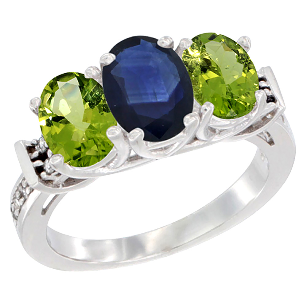 14K White Gold Natural Blue Sapphire &amp; Peridot Sides Ring 3-Stone Oval Diamond Accent, sizes 5 - 10