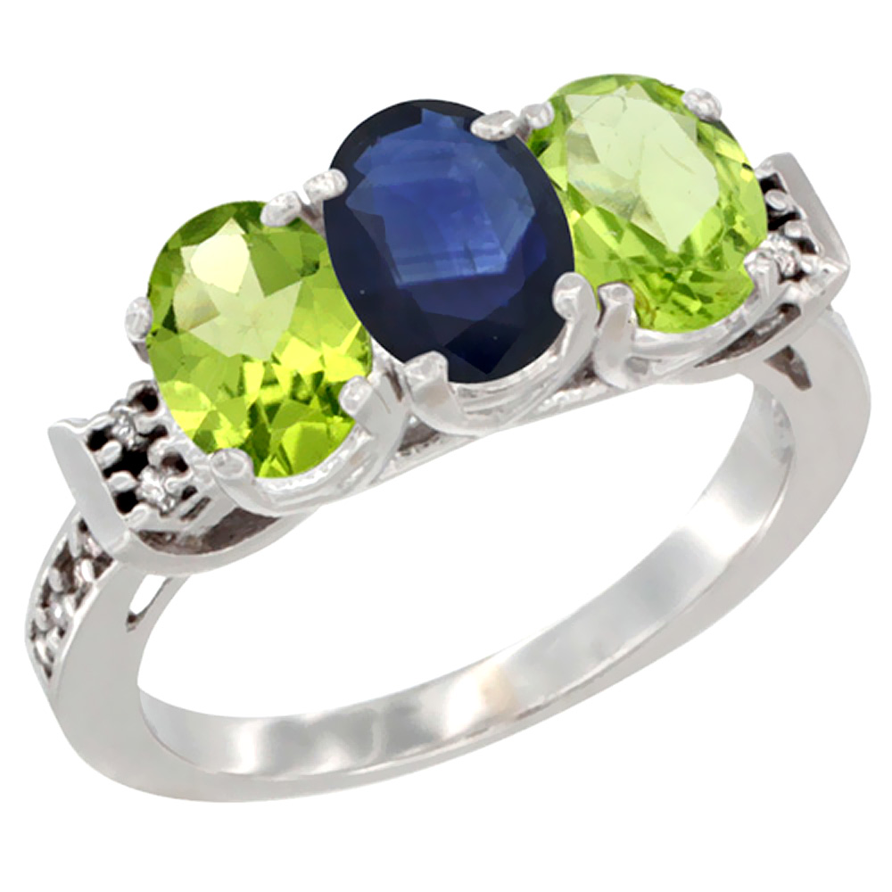 14K White Gold Natural Blue Sapphire &amp; Peridot Sides Ring 3-Stone Oval 7x5 mm Diamond Accent, sizes 5 - 10