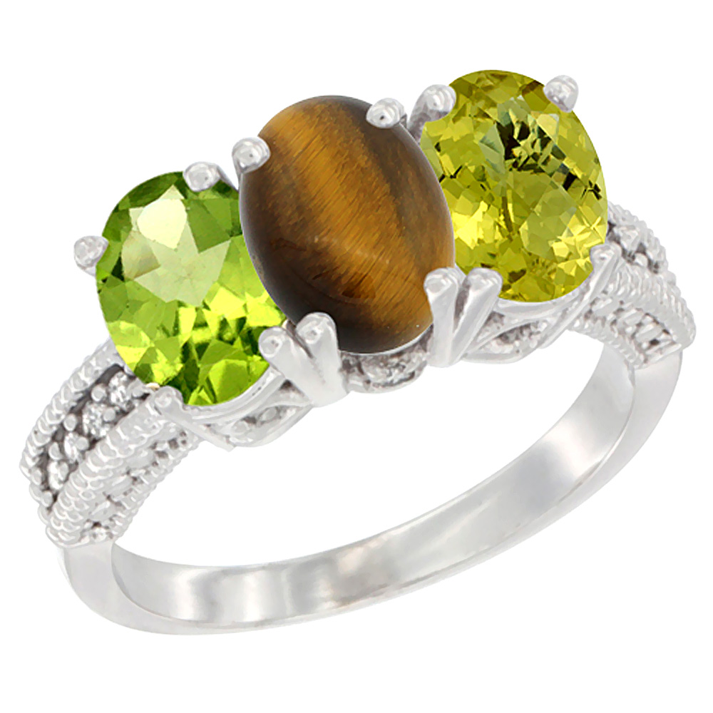 10K White Gold Natural Peridot, Tiger Eye &amp; Lemon Quartz Ring 3-Stone Oval 7x5 mm Diamond Accent, sizes 5 - 10