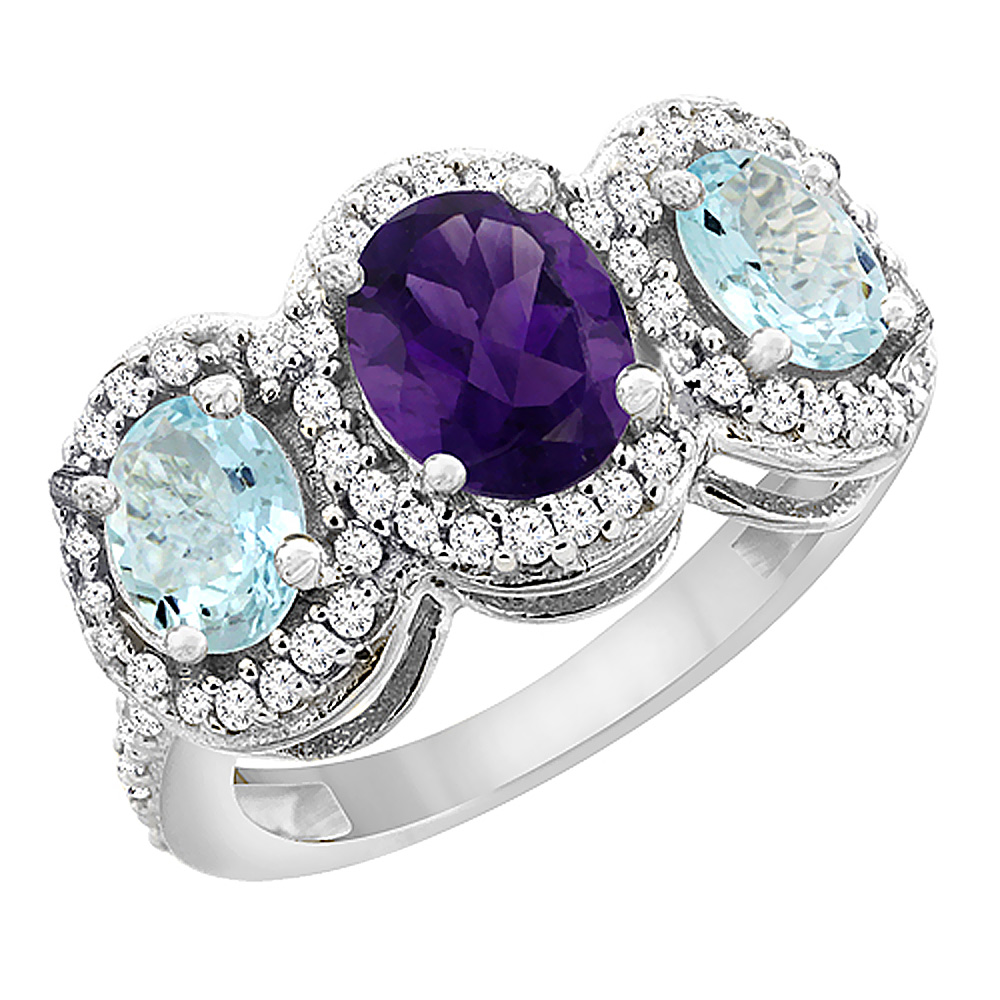 10K White Gold Natural Amethyst & Aquamarine 3-Stone Ring Oval Diamond Accent, sizes 5 - 10