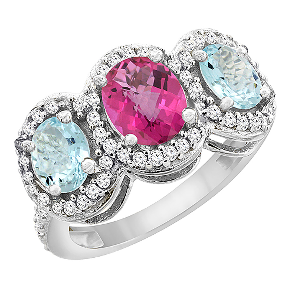 14K White Gold Natural Pink Sapphire &amp; Aquamarine 3-Stone Ring Oval Diamond Accent, sizes 5 - 10