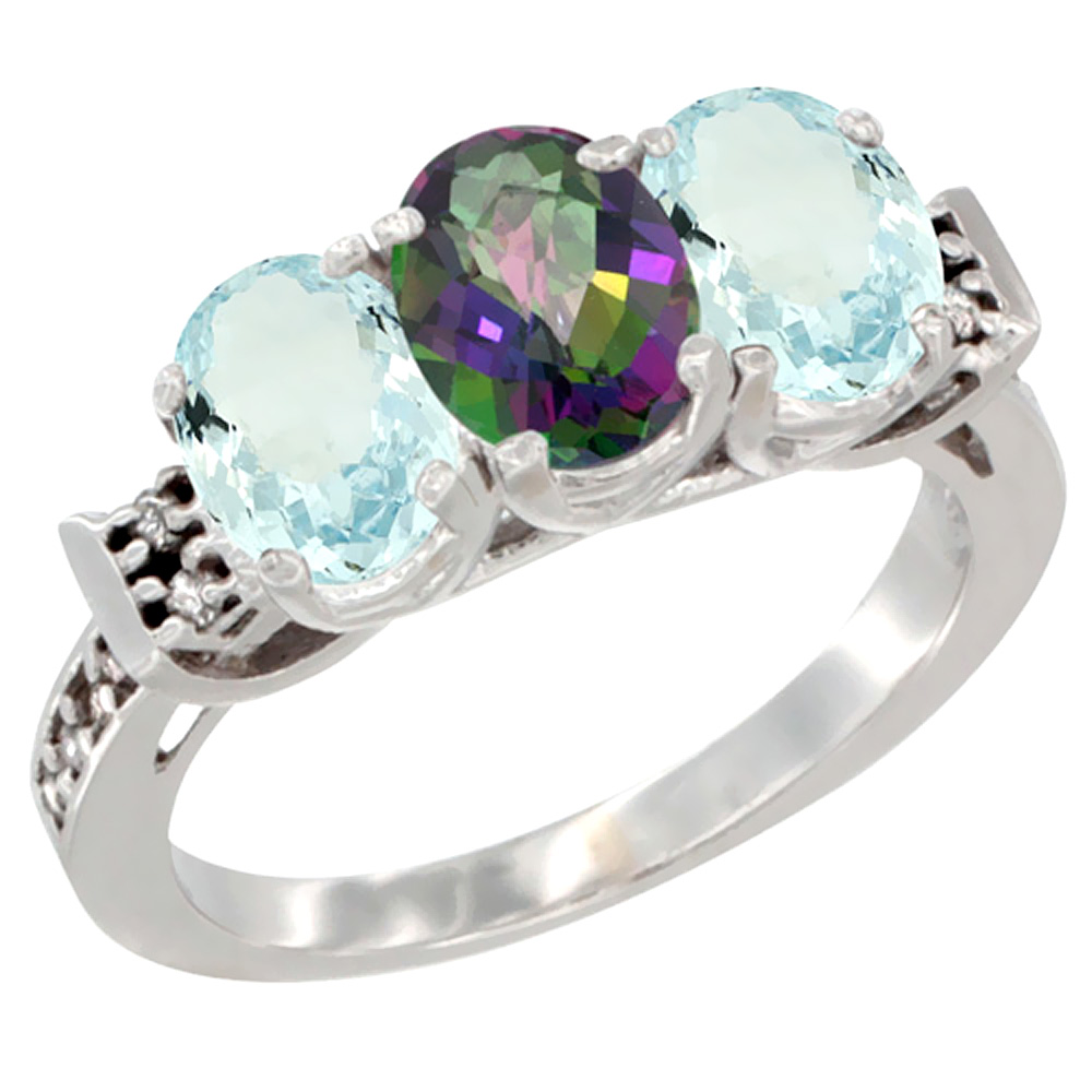 10K White Gold Natural Mystic Topaz & Aquamarine Sides Ring 3-Stone Oval 7x5 mm Diamond Accent, sizes 5 - 10