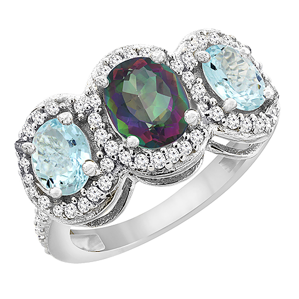 10K White Gold Natural Mystic Topaz & Aquamarine 3-Stone Ring Oval Diamond Accent, sizes 5 - 10