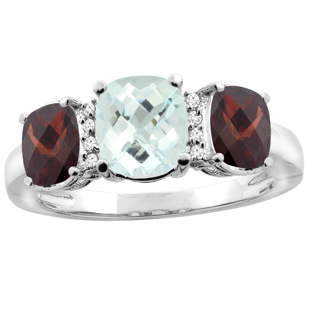 10K White Gold Natural Aquamarine & Garnet 3-stone Ring Cushion 8x6mm Diamond Accent, sizes 5 - 10