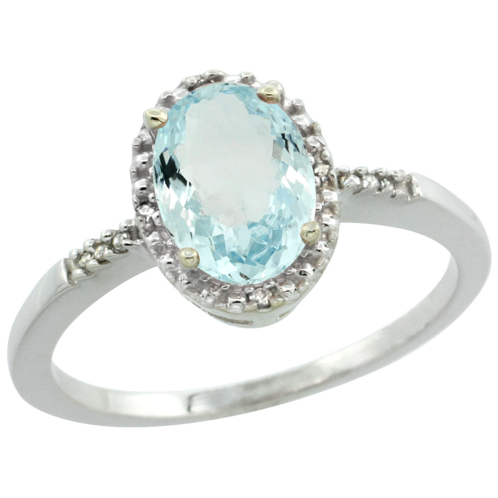 14K White Gold Diamond Natural Aquamarine Ring Oval 8x6mm, sizes 5-10
