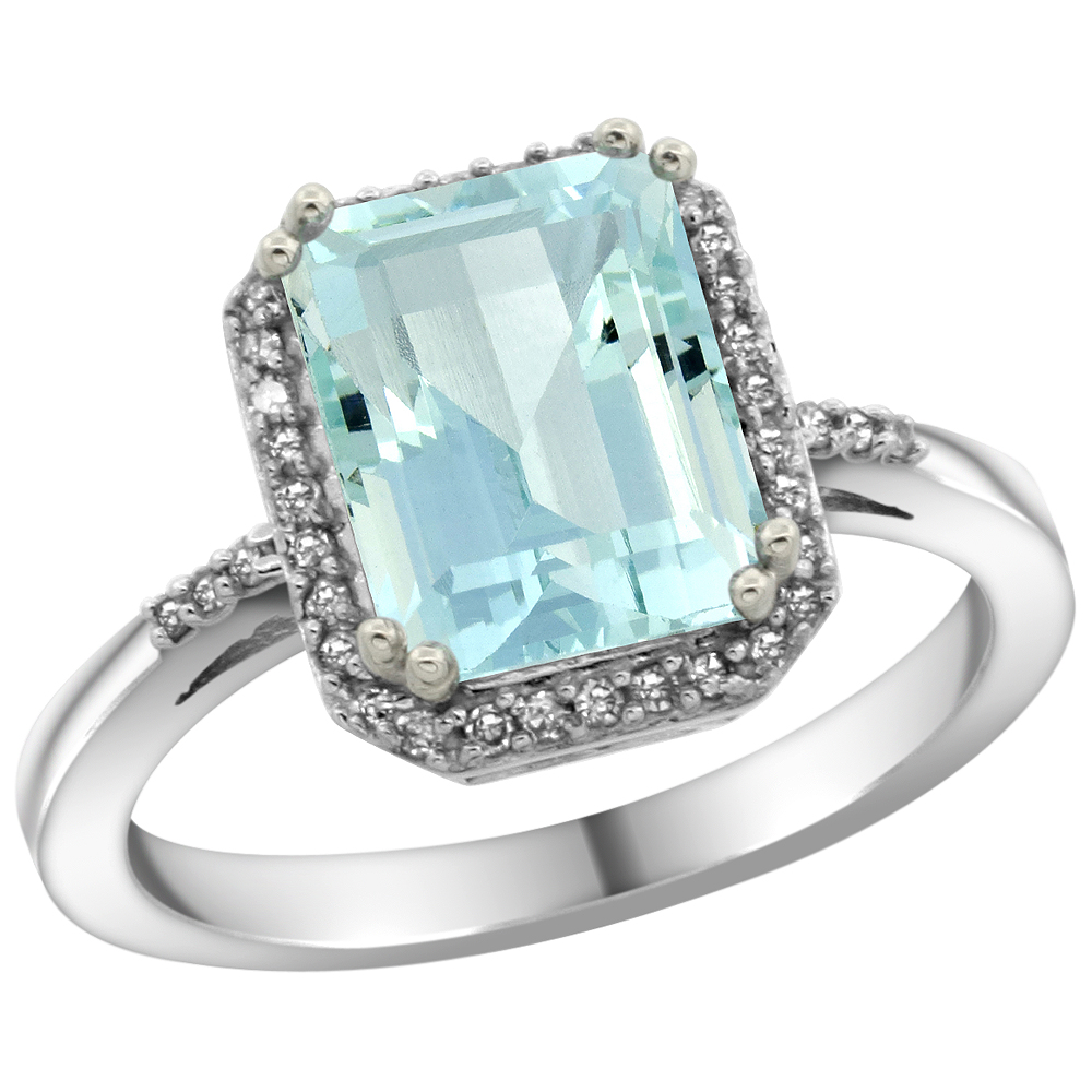 10K White Gold Diamond Natural Aquamarine Ring Emerald-cut 9x7mm, sizes 5-10
