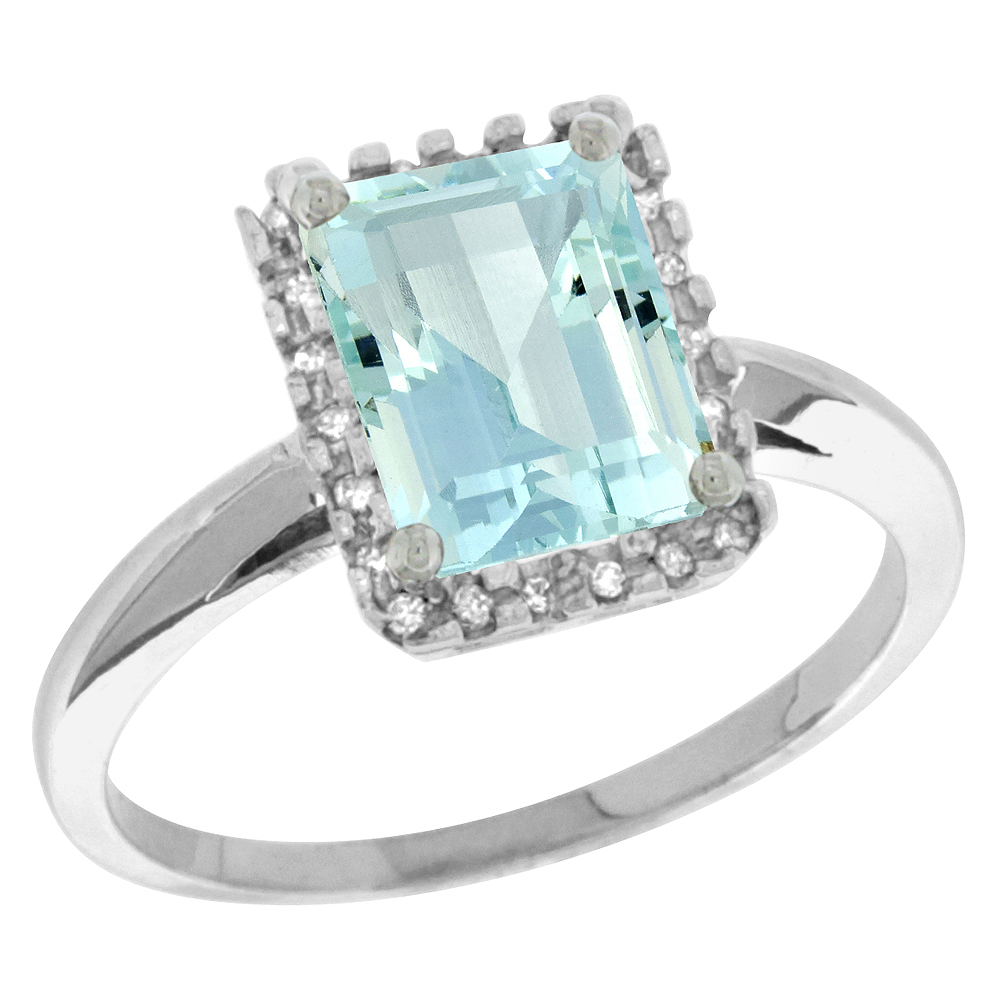 10K White Gold Diamond Natural Aquamarine Ring Emerald-cut 8x6mm, sizes 5-10