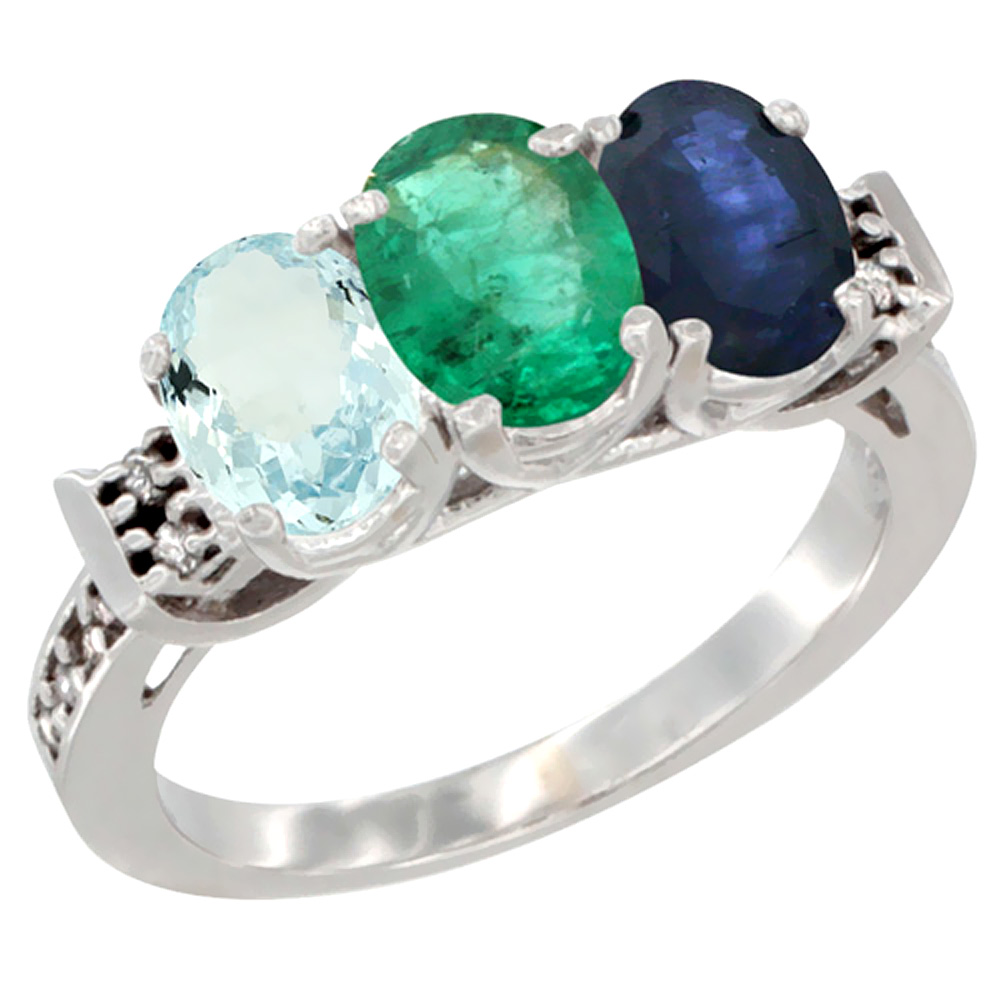 10K White Gold Natural Aquamarine, Emerald &amp; Blue Sapphire Ring 3-Stone Oval 7x5 mm Diamond Accent, sizes 5 - 10