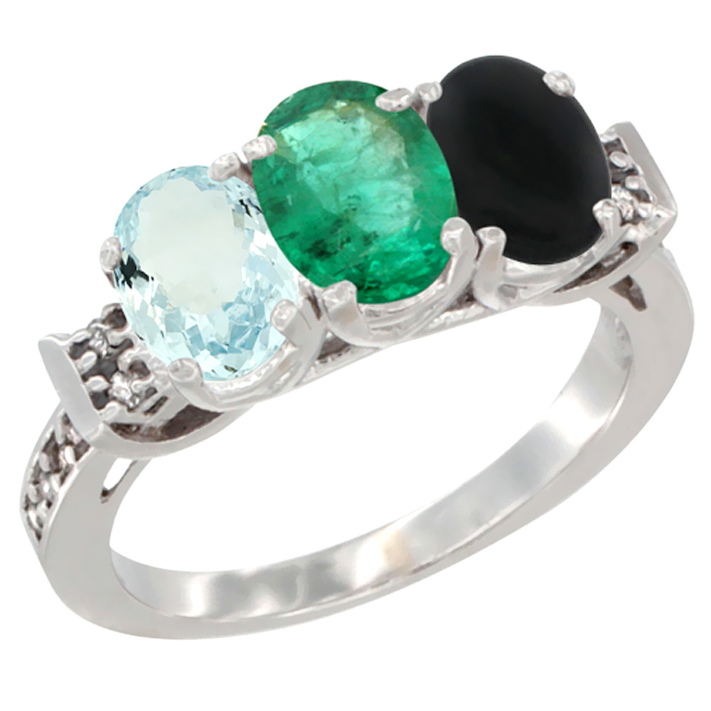 10K White Gold Natural Aquamarine, Emerald &amp; Black Onyx Ring 3-Stone Oval 7x5 mm Diamond Accent, sizes 5 - 10