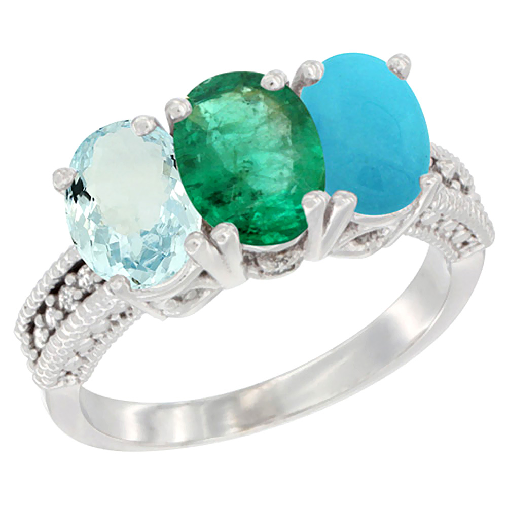 10K White Gold Natural Aquamarine, Emerald &amp; Turquoise Ring 3-Stone Oval 7x5 mm Diamond Accent, sizes 5 - 10