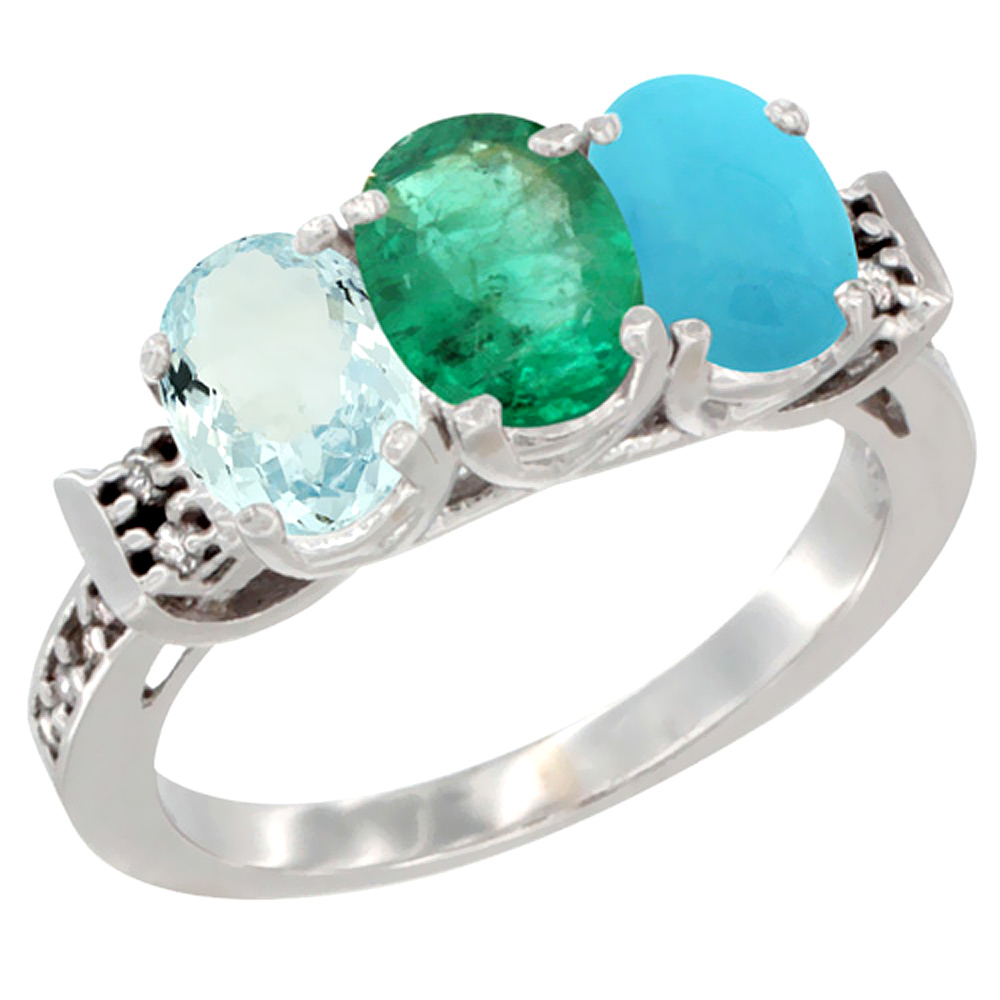 10K White Gold Natural Aquamarine, Emerald & Turquoise Ring 3-Stone Oval 7x5 mm Diamond Accent, sizes 5 - 10