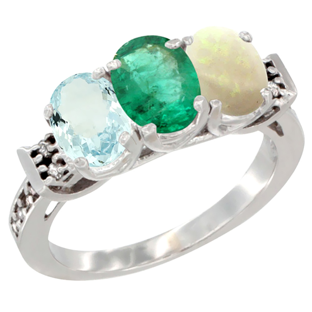 10K White Gold Natural Aquamarine, Emerald & Opal Ring 3-Stone Oval 7x5 mm Diamond Accent, sizes 5 - 10