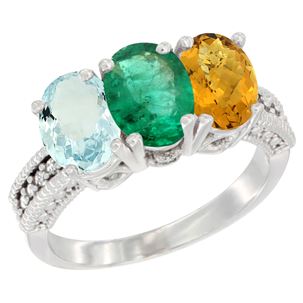 10K White Gold Natural Aquamarine, Emerald &amp; Whisky Quartz Ring 3-Stone Oval 7x5 mm Diamond Accent, sizes 5 - 10