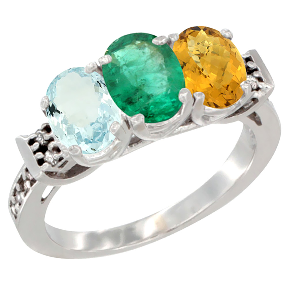 10K White Gold Natural Aquamarine, Emerald & Whisky Quartz Ring 3-Stone Oval 7x5 mm Diamond Accent, sizes 5 - 10