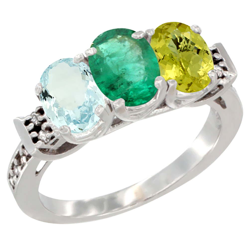 10K White Gold Natural Aquamarine, Emerald &amp; Lemon Quartz Ring 3-Stone Oval 7x5 mm Diamond Accent, sizes 5 - 10