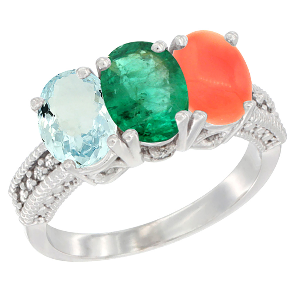 10K White Gold Natural Aquamarine, Emerald &amp; Coral Ring 3-Stone Oval 7x5 mm Diamond Accent, sizes 5 - 10