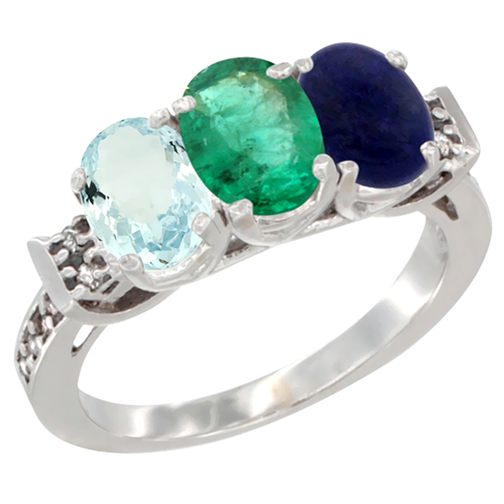 10K White Gold Natural Aquamarine, Emerald &amp; Lapis Ring 3-Stone Oval 7x5 mm Diamond Accent, sizes 5 - 10