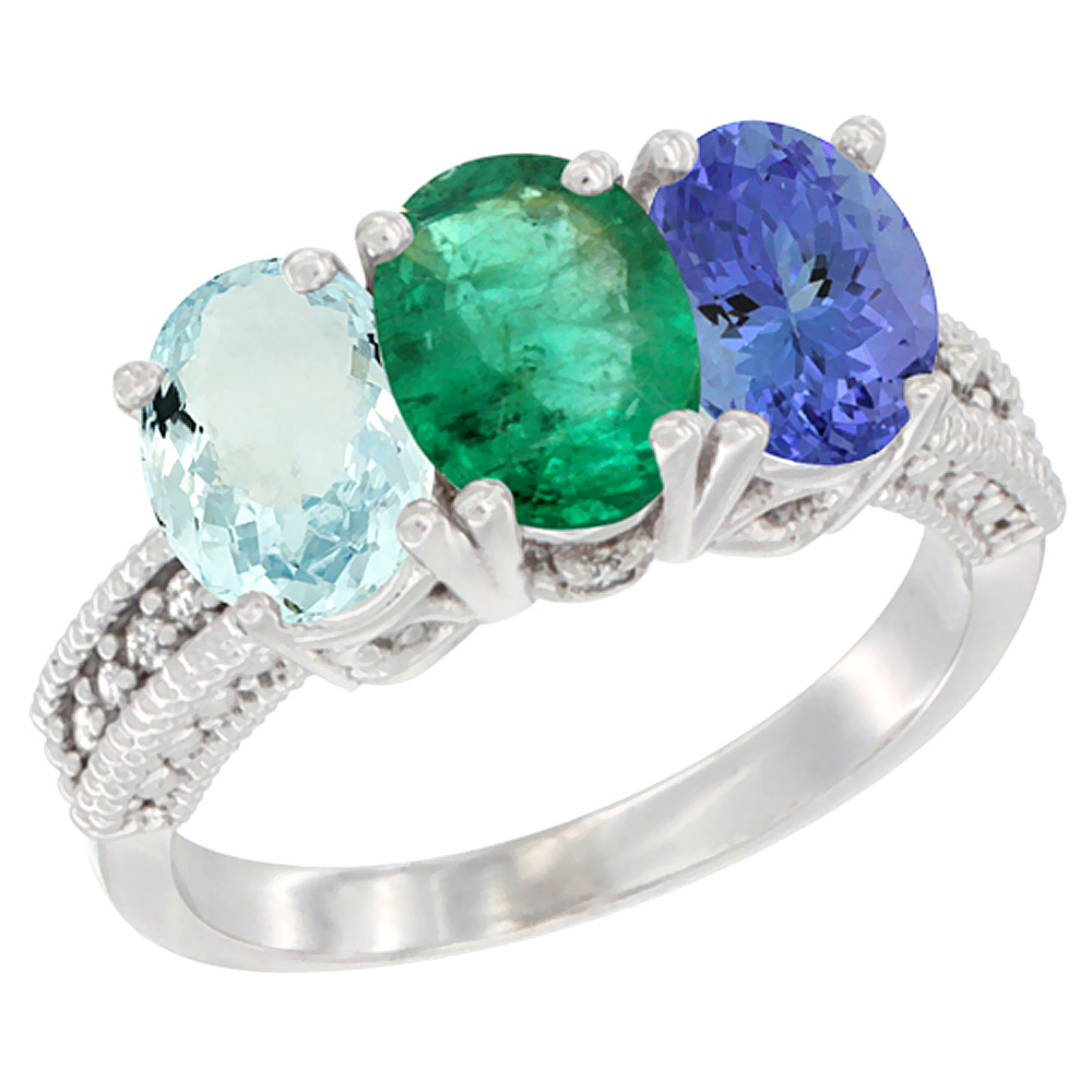 10K White Gold Natural Aquamarine, Emerald &amp; Tanzanite Ring 3-Stone Oval 7x5 mm Diamond Accent, sizes 5 - 10