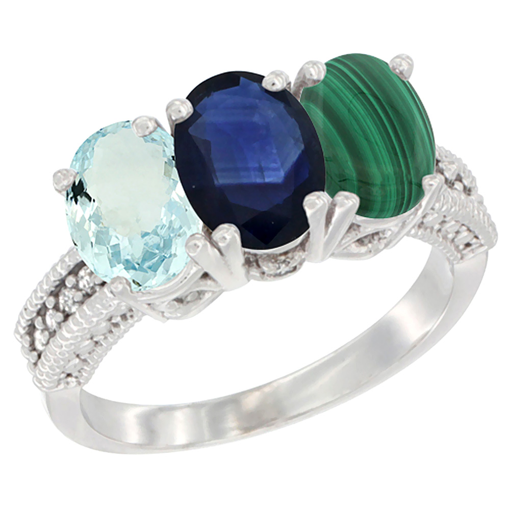 10K White Gold Natural Aquamarine, Blue Sapphire &amp; Malachite Ring 3-Stone Oval 7x5 mm Diamond Accent, sizes 5 - 10