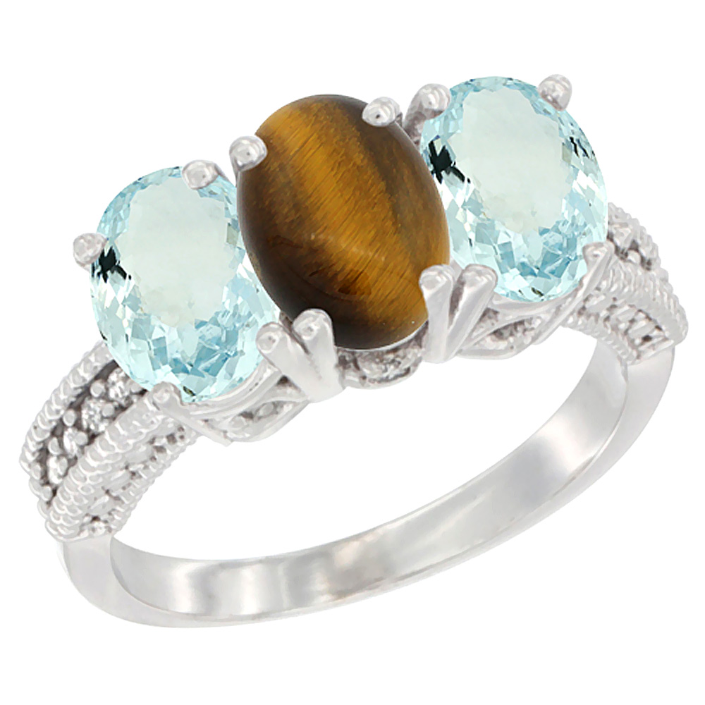 14K White Gold Natural Tiger Eye & Aquamarine Sides Ring 3-Stone Oval 7x5 mm Diamond Accent, sizes 5 - 10