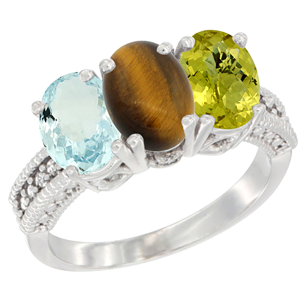 10K White Gold Natural Aquamarine, Tiger Eye &amp; Lemon Quartz Ring 3-Stone Oval 7x5 mm Diamond Accent, sizes 5 - 10