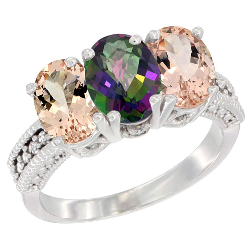 10K White Gold Natural Mystic Topaz & Morganite Sides Ring 3-Stone Oval 7x5 mm Diamond Accent, sizes 5 - 10