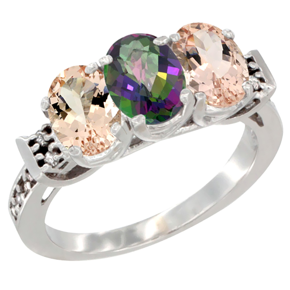 10K White Gold Natural Mystic Topaz & Morganite Sides Ring 3-Stone Oval 7x5 mm Diamond Accent, sizes 5 - 10