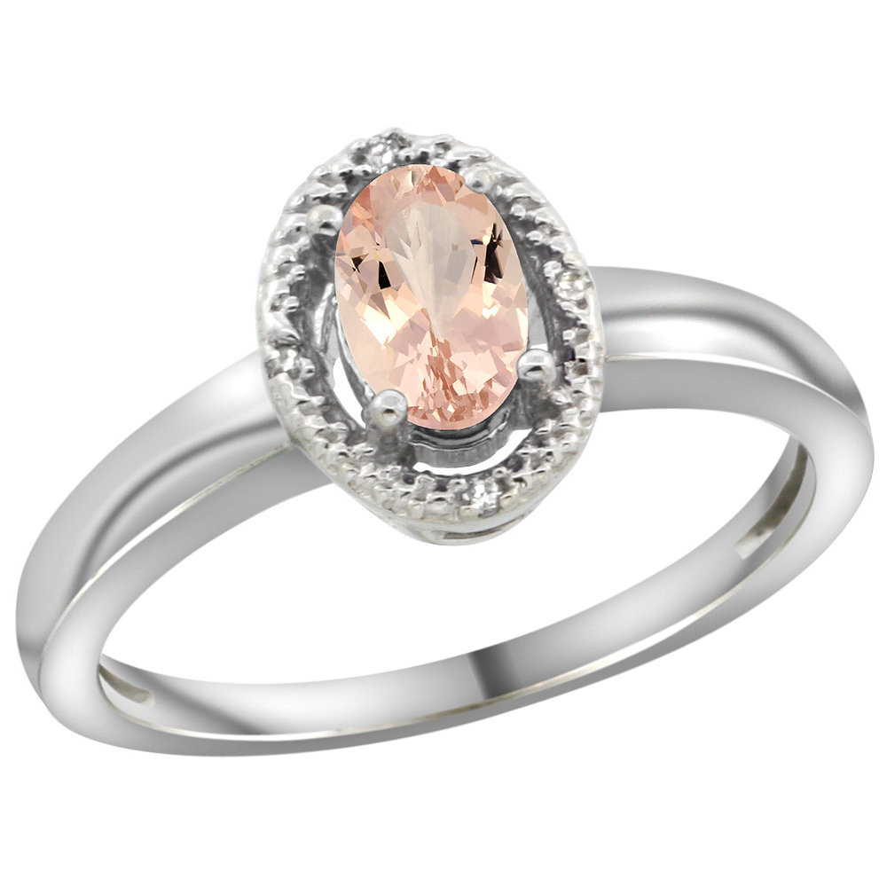 14K White Gold Diamond Halo Natural Morganite Engagement Ring Oval 6X4 mm, sizes 5-10