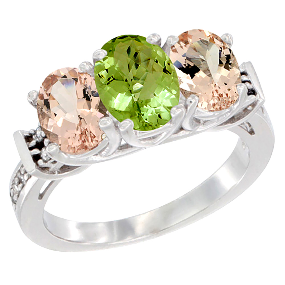 10K White Gold Natural Peridot & Morganite Sides Ring 3-Stone Oval Diamond Accent, sizes 5 - 10