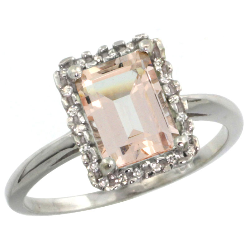 10K White Gold Diamond Natural Morganite Ring Emerald-cut 8x6mm, sizes 5-10