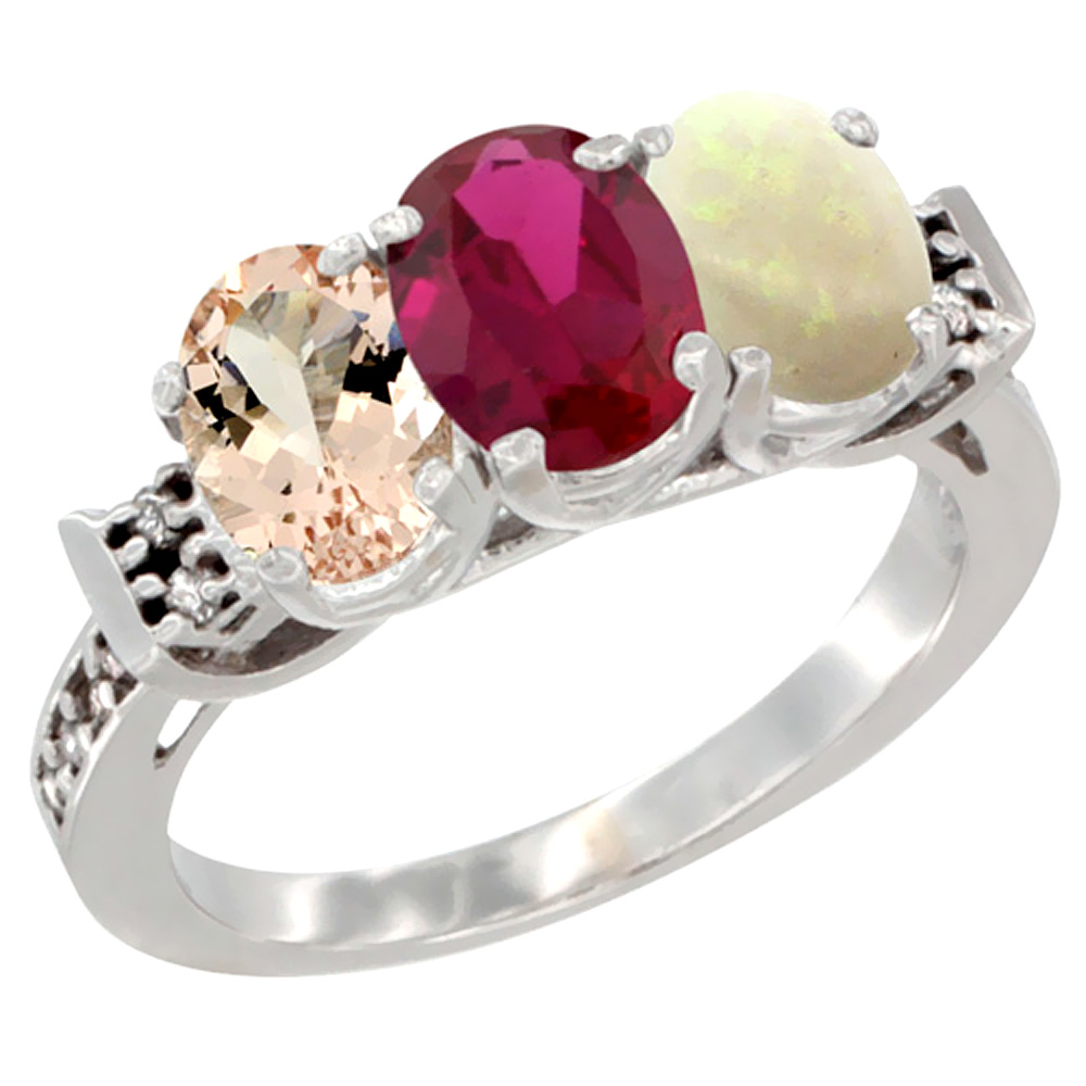 14K White Gold Natural Morganite, Enhanced Ruby &amp; Natural Opal Ring 3-Stone Oval 7x5 mm Diamond Accent, sizes 5 - 10