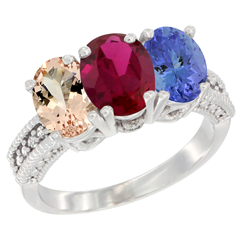 10K White Gold Natural Morganite, Enhanced Ruby & Natural Tanzanite Ring 3-Stone Oval 7x5 mm Diamond Accent, sizes 5 - 10