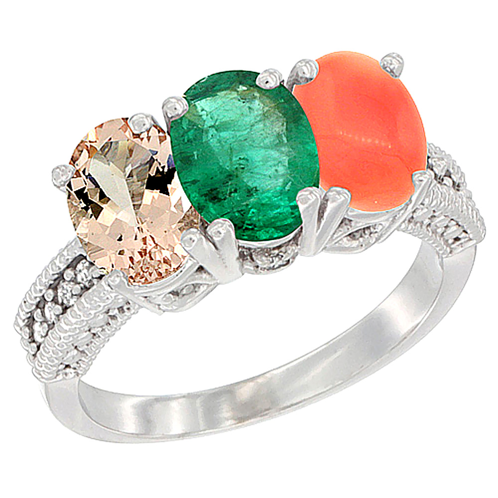 10K White Gold Natural Morganite, Emerald & Coral Ring 3-Stone Oval 7x5 mm Diamond Accent, sizes 5 - 10