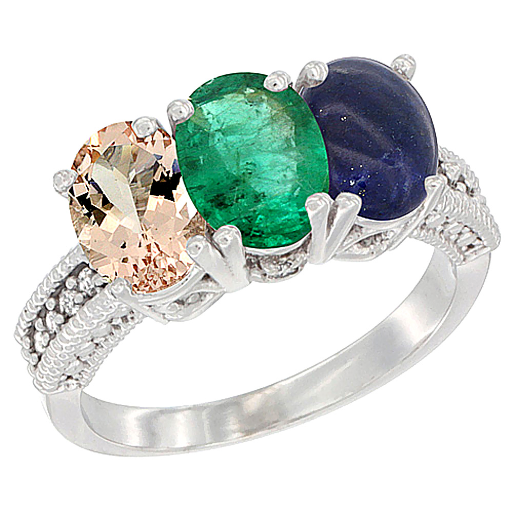 10K White Gold Natural Morganite, Emerald & Lapis Ring 3-Stone Oval 7x5 mm Diamond Accent, sizes 5 - 10