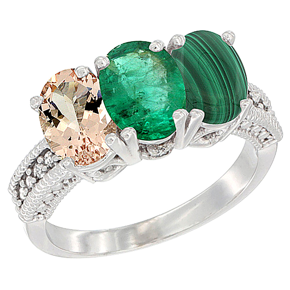 10K White Gold Natural Morganite, Emerald & Malachite Ring 3-Stone Oval 7x5 mm Diamond Accent, sizes 5 - 10