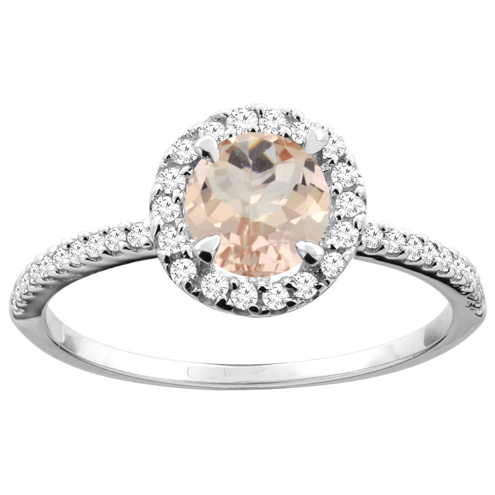 10K Gold Natural Morganite Ring Round 6mm Diamond Accents, sizes 5 - 10