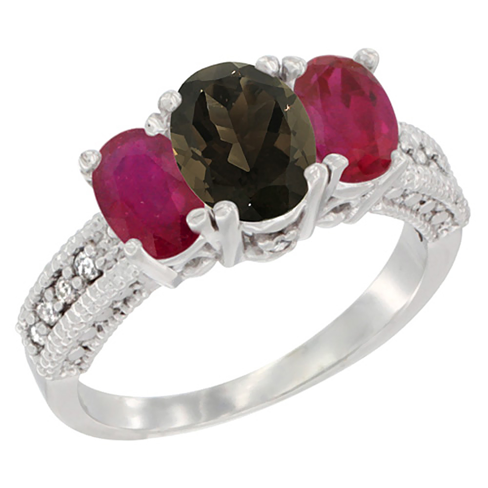 10K White Gold Diamond Natural Smoky Topaz Ring Oval 3-stone with Enhanced Ruby, sizes 5 - 10