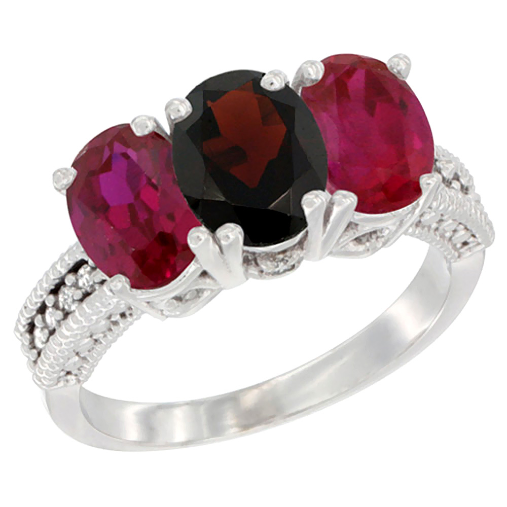 10K White Gold Natural Garnet &amp; Enhanced Ruby Sides Ring 3-Stone Oval 7x5 mm Diamond Accent, sizes 5 - 10