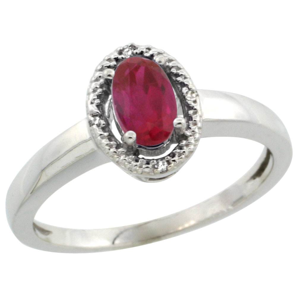 14K White Gold Diamond Halo Enhanced Ruby Engagement Ring Oval 6X4 mm, sizes 5-10
