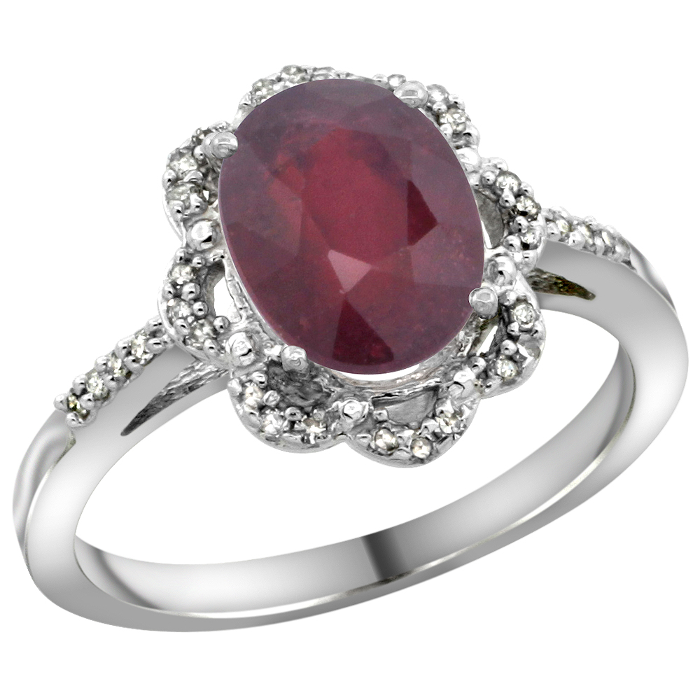 14K White Gold Diamond Halo Enhanced Ruby Engagement Ring Oval 9x7mm, sizes 5-10