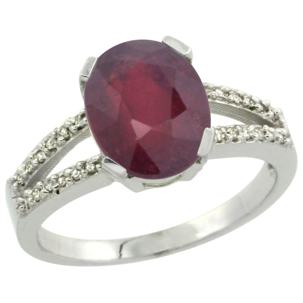 14K White Gold Diamond Enhanced Genuine Ruby Engagement Ring Oval 10x8mm, sizes 5-10
