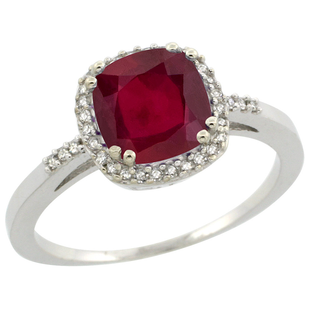 14K White Gold Diamond Enhanced Genuine Ruby Ring Cushion-cut 7x7mm, sizes 5-10